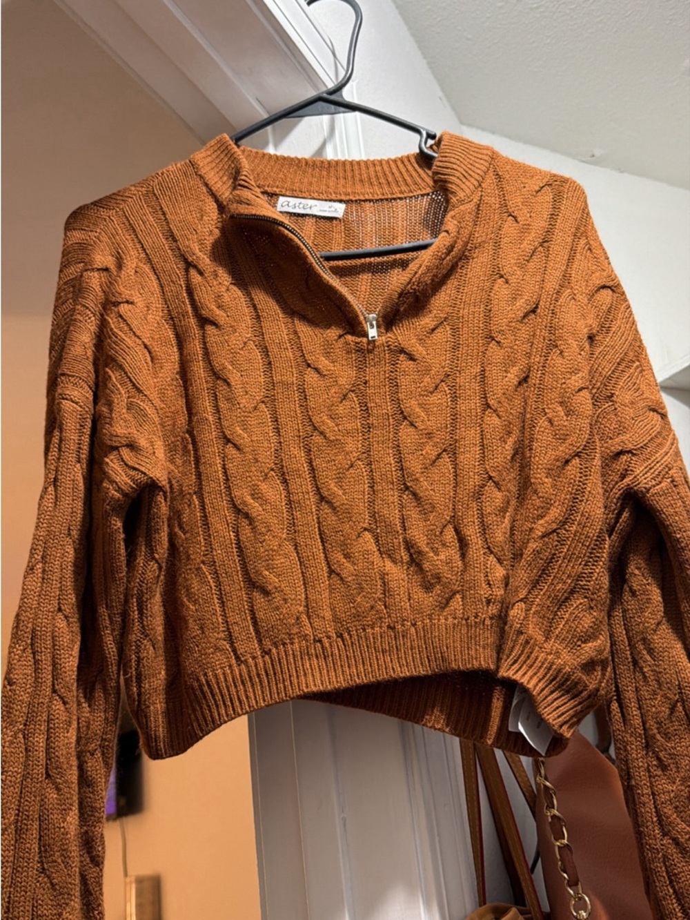 Women's Cable Knit Half-Zip Sweater - Rust